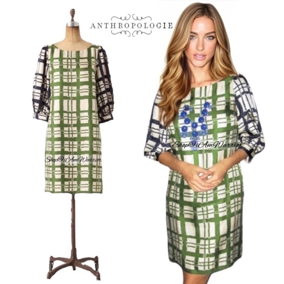 Anthropologie Maeve NWT silk windowpane elbow sleeve shift dress shop@iamwarrior - Picture 2 of 11